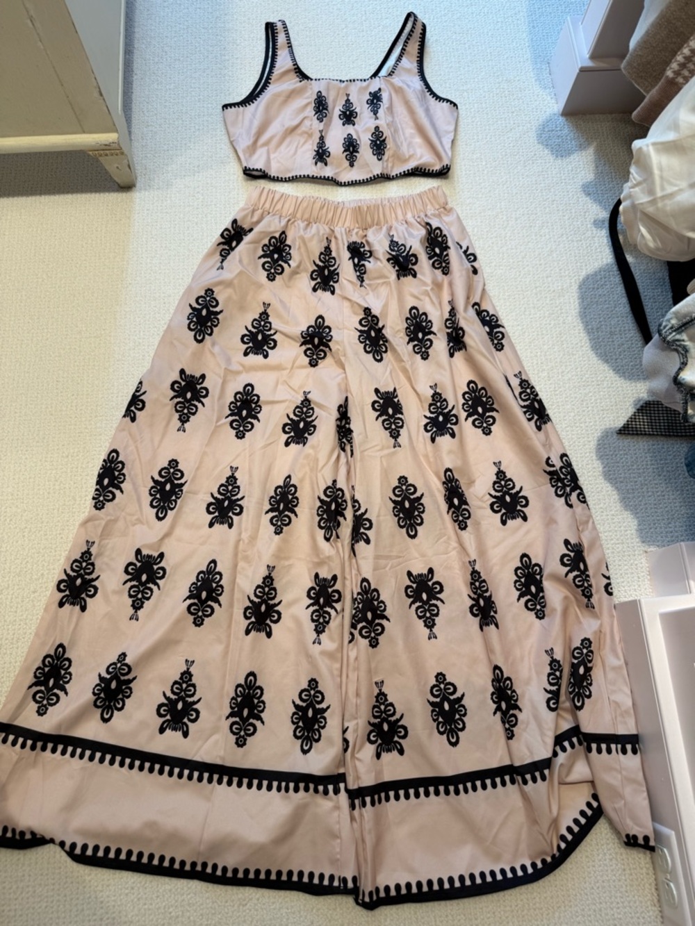 Women’s Cream Embroidered Maxi Pant Set with Black Motif, New!!